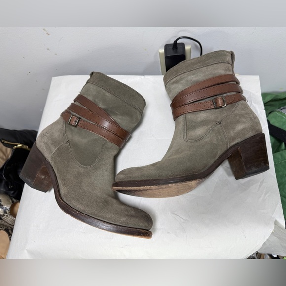 Frye Jane Strappy Boots for Sale up to 90% Off: Poshmark Frye Jane Slouch Suede Pull On Leather Straps Olive/Gray suede 7.5B Stacked Heel